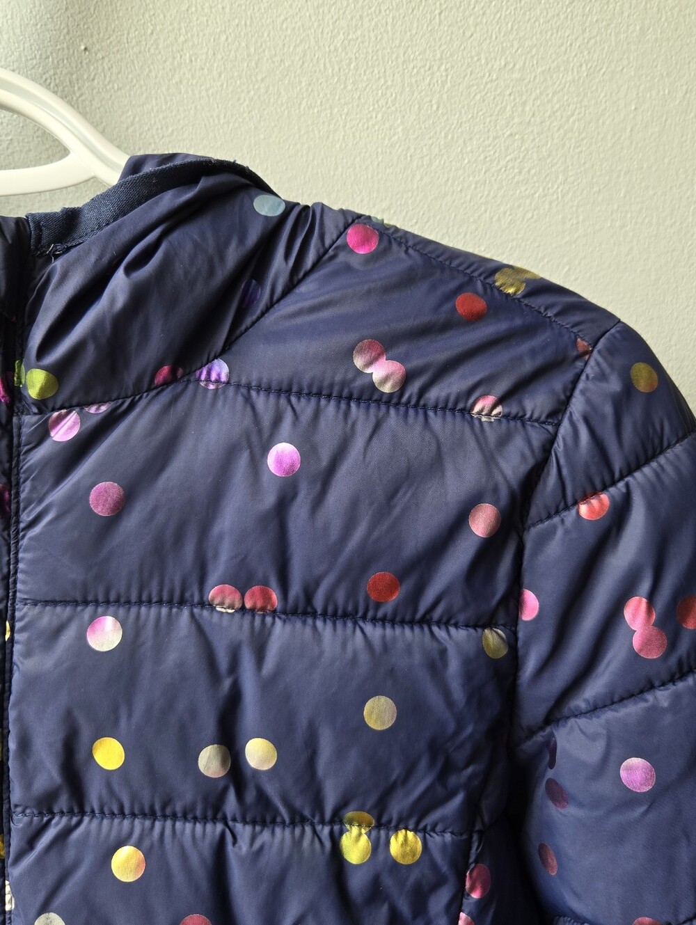 GAP Puffer Jacket Kids M Navy Quilted with Metallic Multicolor Dots Lightweight